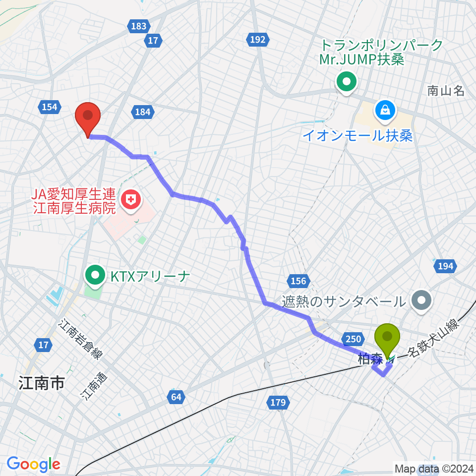 柏森駅から岩井ギター教室へのルートマップ地図