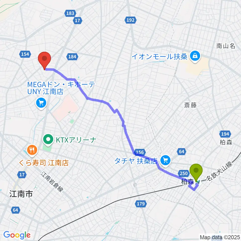 柏森駅から岩井ギター教室へのルートマップ地図