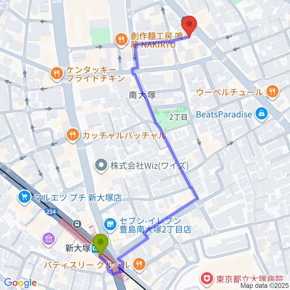大塚ドンファンの最寄駅新大塚駅からの徒歩ルート（約6分）地図