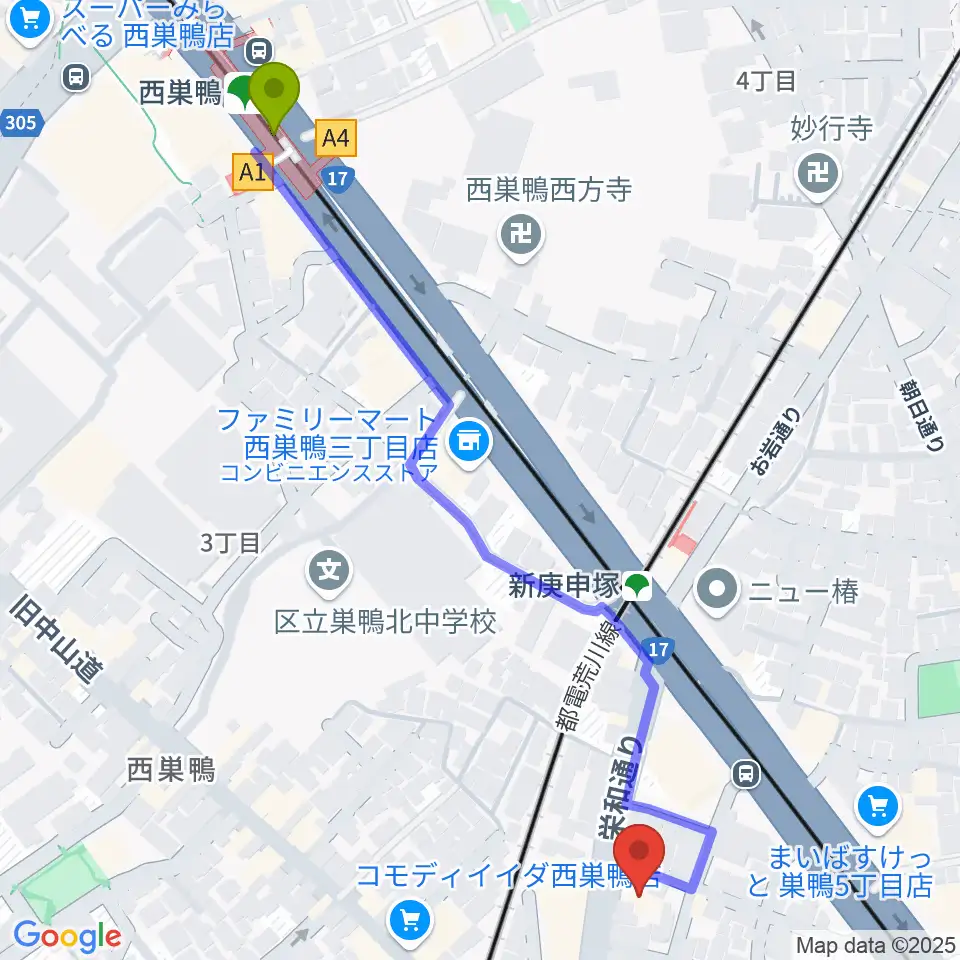 西巣鴨駅から巣鴨スタジオフォーへのルートマップ地図