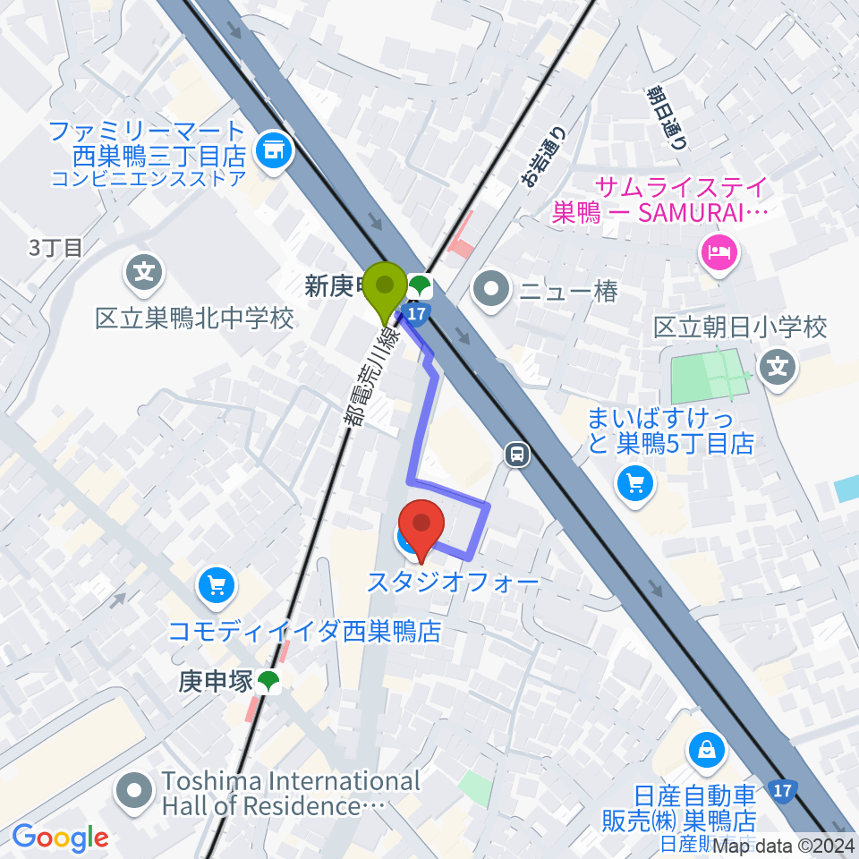 新庚申塚駅から巣鴨スタジオフォーへのルートマップ地図