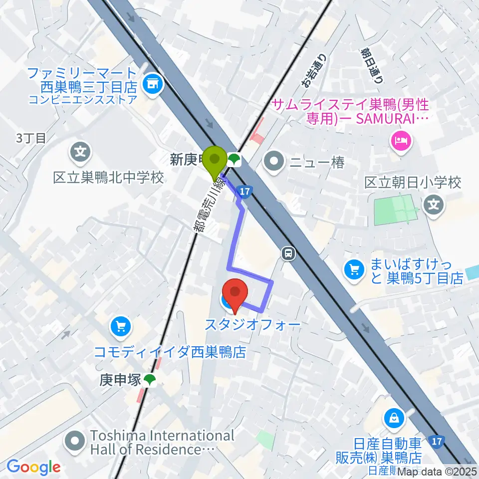 新庚申塚駅から巣鴨スタジオフォーへのルートマップ地図