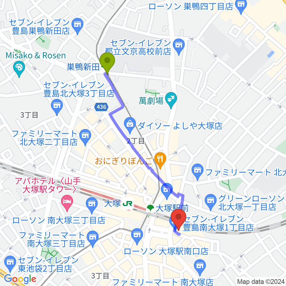 巣鴨新田駅から大塚シスイドゥーへのルートマップ地図