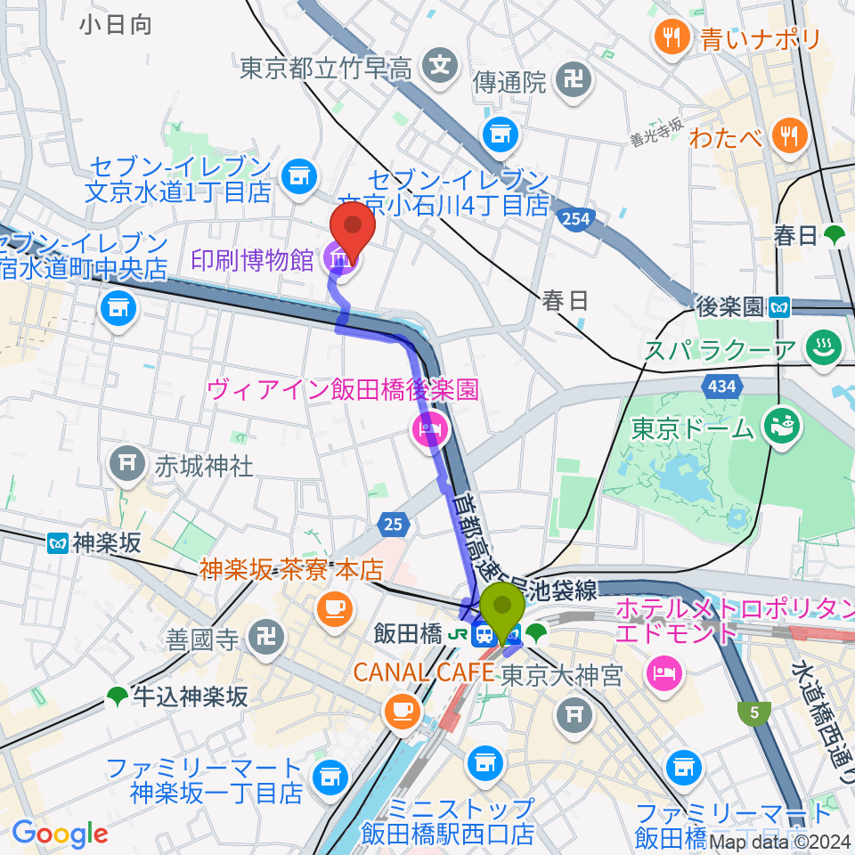 飯田橋駅からトッパンホールへのルートマップ地図