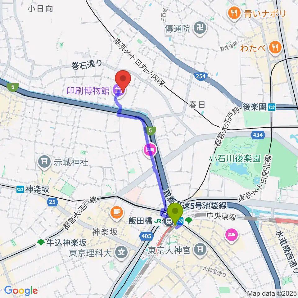 飯田橋駅からトッパンホールへのルートマップ地図