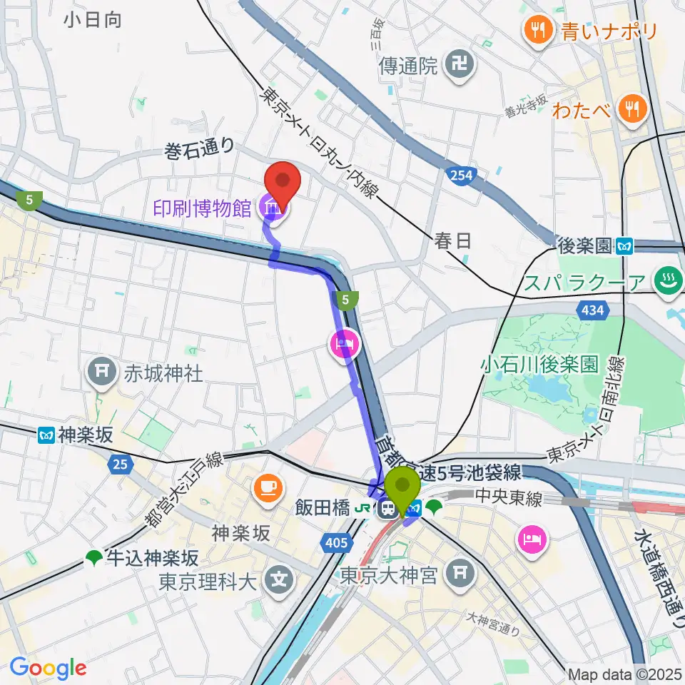 飯田橋駅からトッパンホールへのルートマップ地図