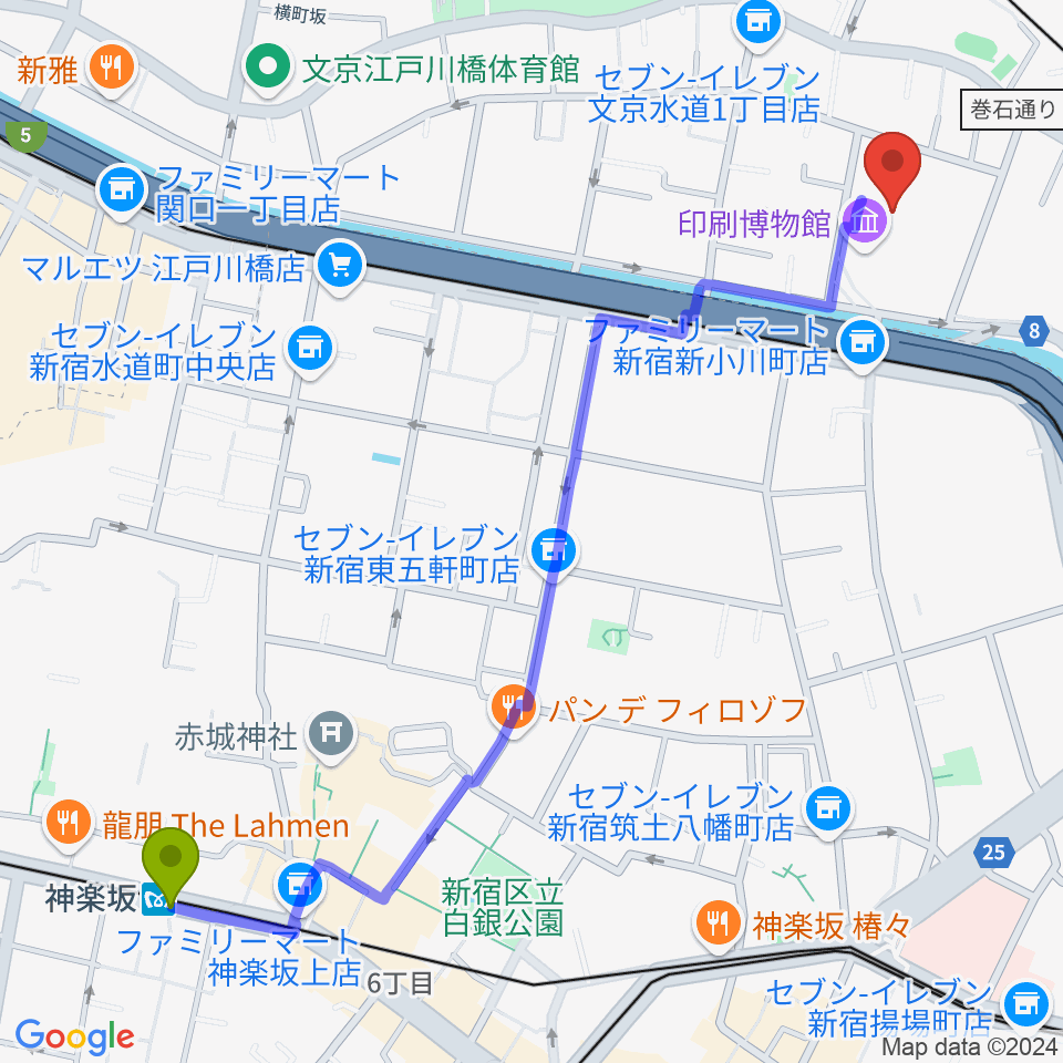 神楽坂駅からトッパンホールへのルートマップ地図