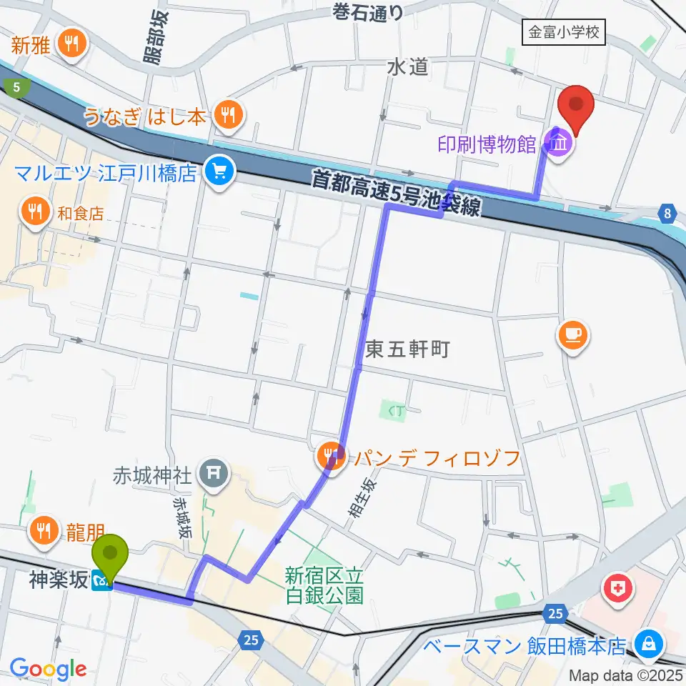 神楽坂駅からトッパンホールへのルートマップ地図