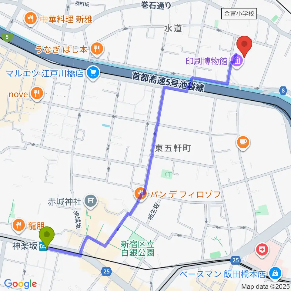 神楽坂駅からトッパンホールへのルートマップ地図
