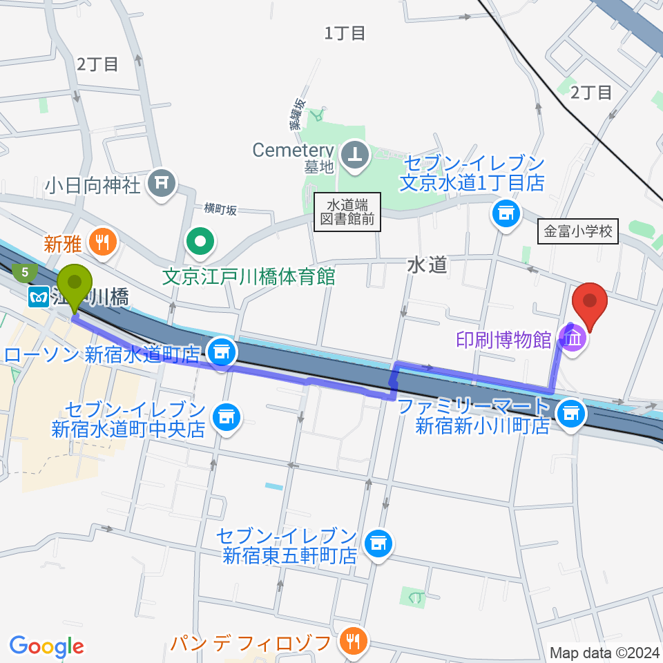 トッパンホールの最寄駅江戸川橋駅からの徒歩ルート（約12分）地図