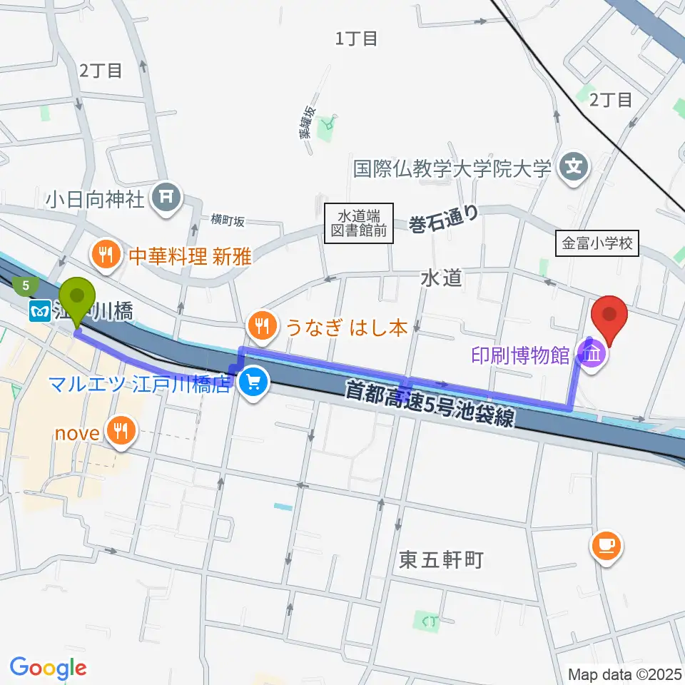 トッパンホールの最寄駅江戸川橋駅からの徒歩ルート（約12分）地図