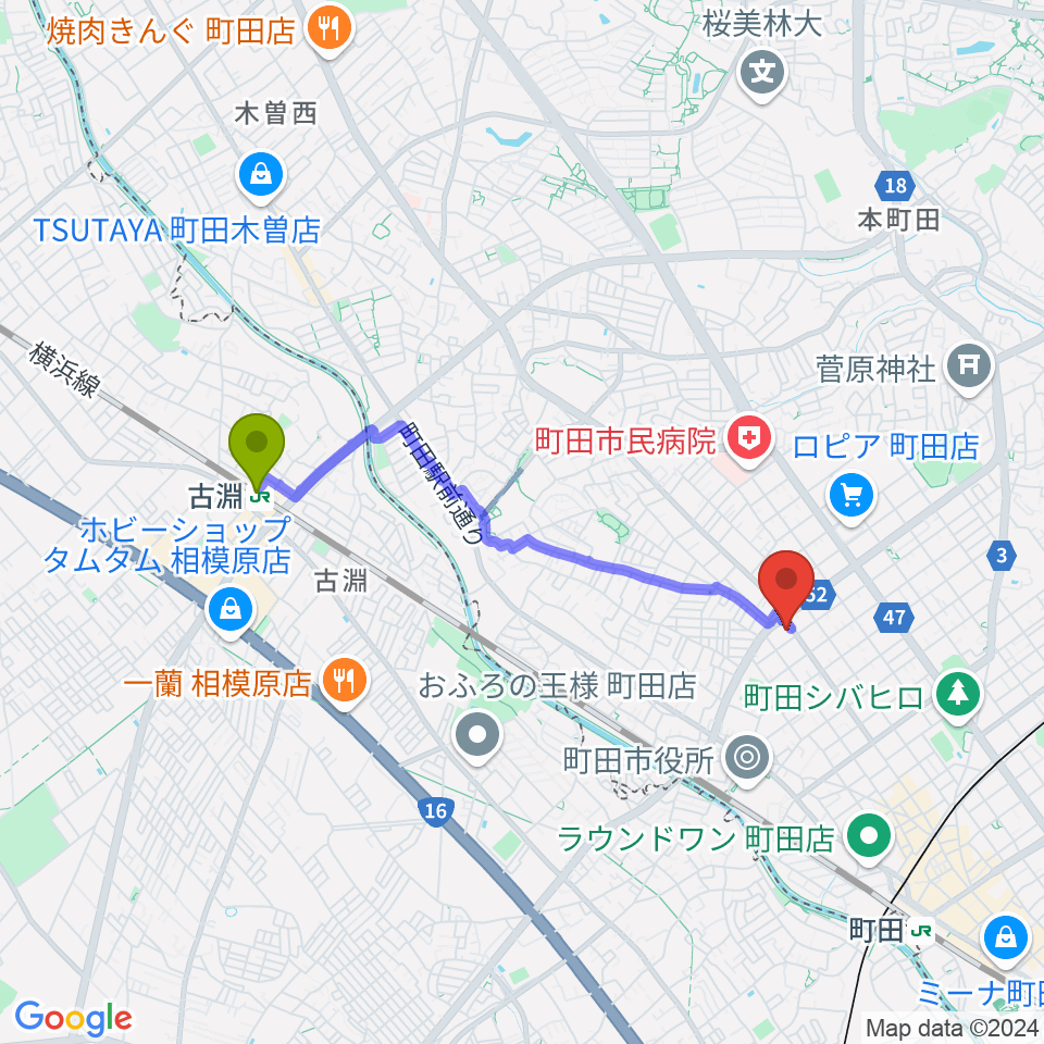 古淵駅から町田SDRへのルートマップ地図