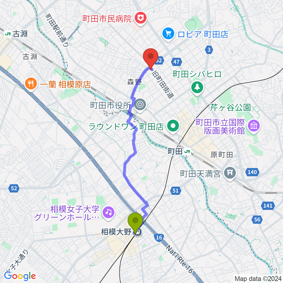 相模大野駅から町田SDRへのルートマップ地図