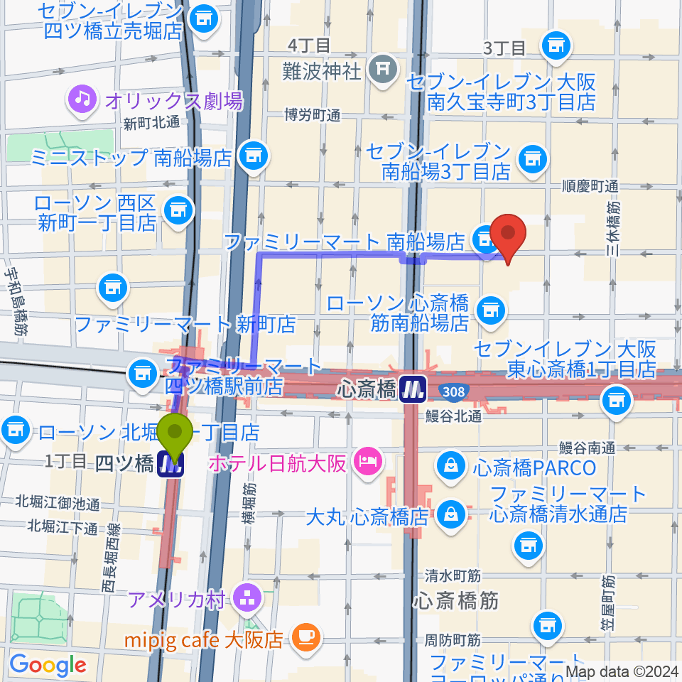 四ツ橋駅からIMIボイストレーニング・ボーカルスクール大阪校へのルートマップ地図