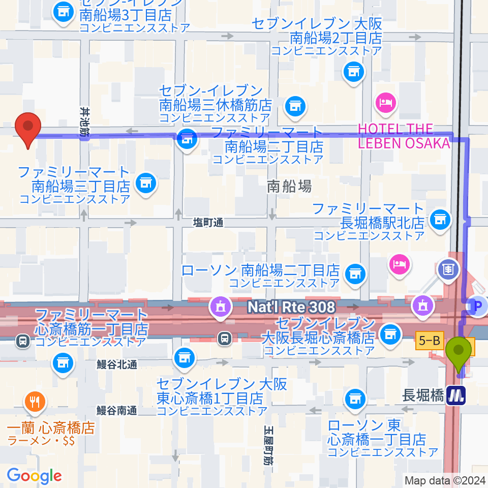 長堀橋駅からIMIボイストレーニング・ボーカルスクール大阪校へのルートマップ地図