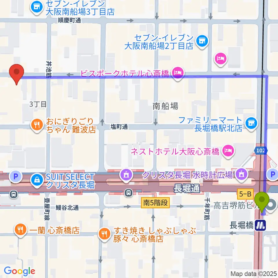長堀橋駅からIMIボイストレーニング・ボーカルスクール大阪校へのルートマップ地図