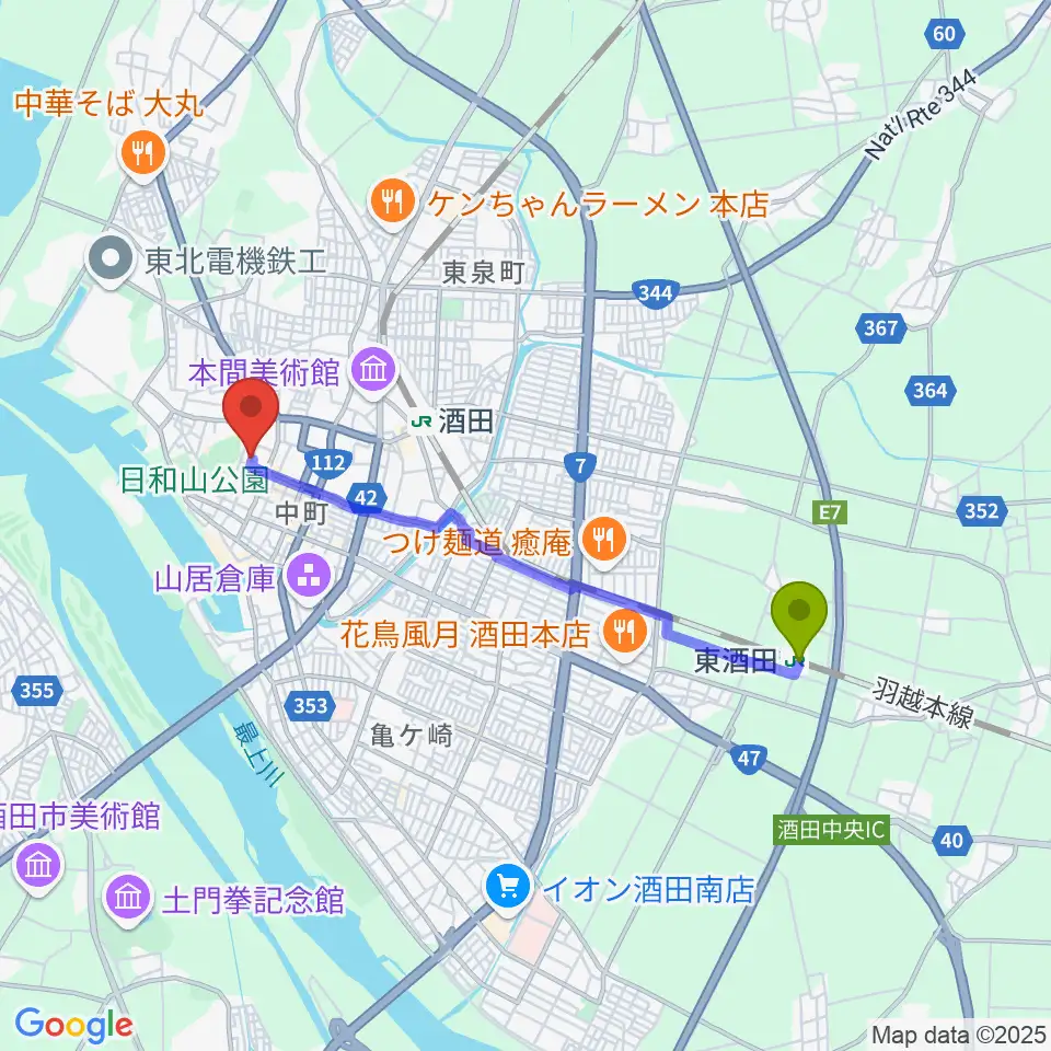 東酒田駅から酒田市港座へのルートマップ地図