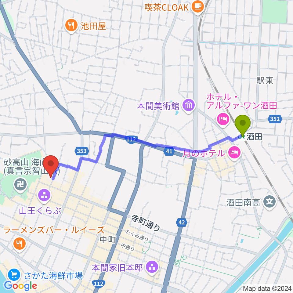 酒田市港座の最寄駅酒田駅からの徒歩ルート（約20分）地図