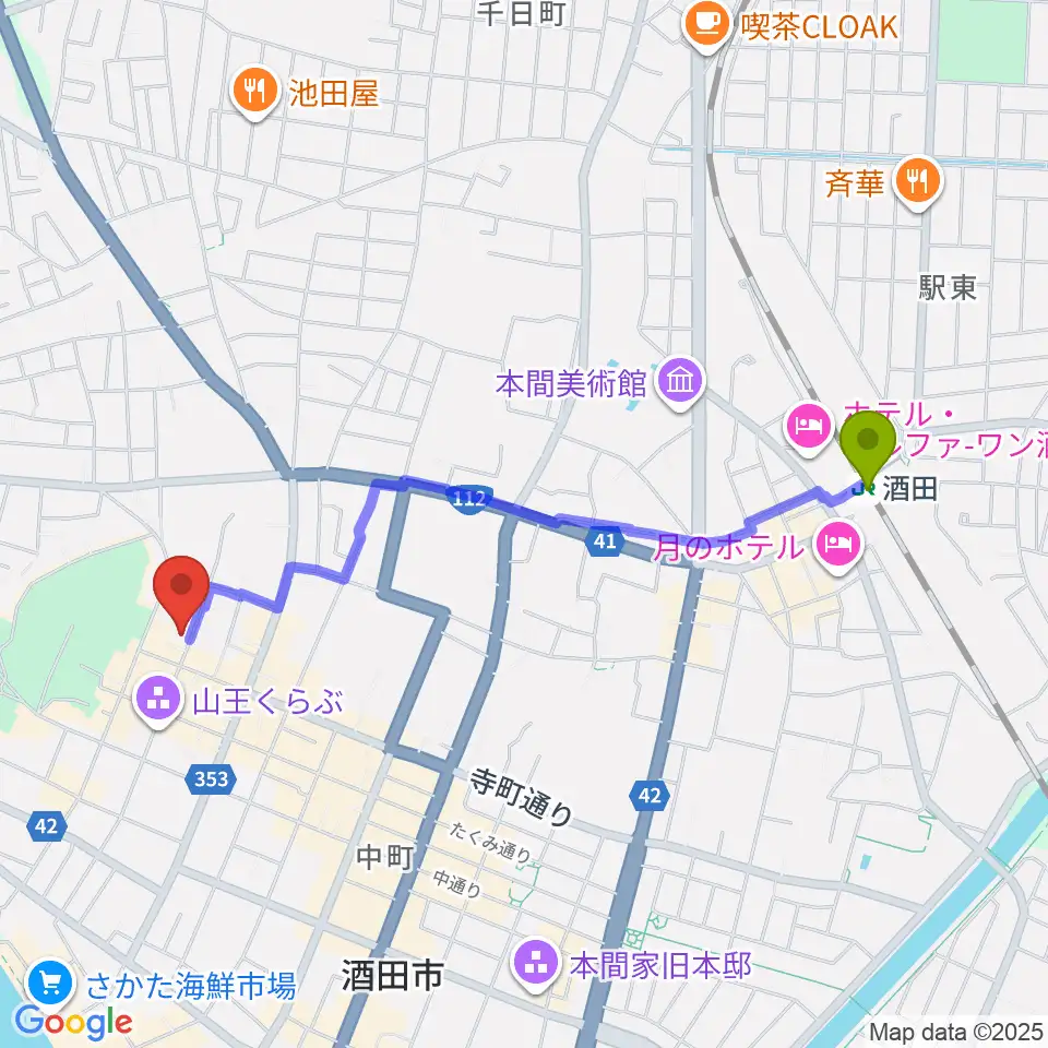 酒田市港座の最寄駅酒田駅からの徒歩ルート（約20分）地図