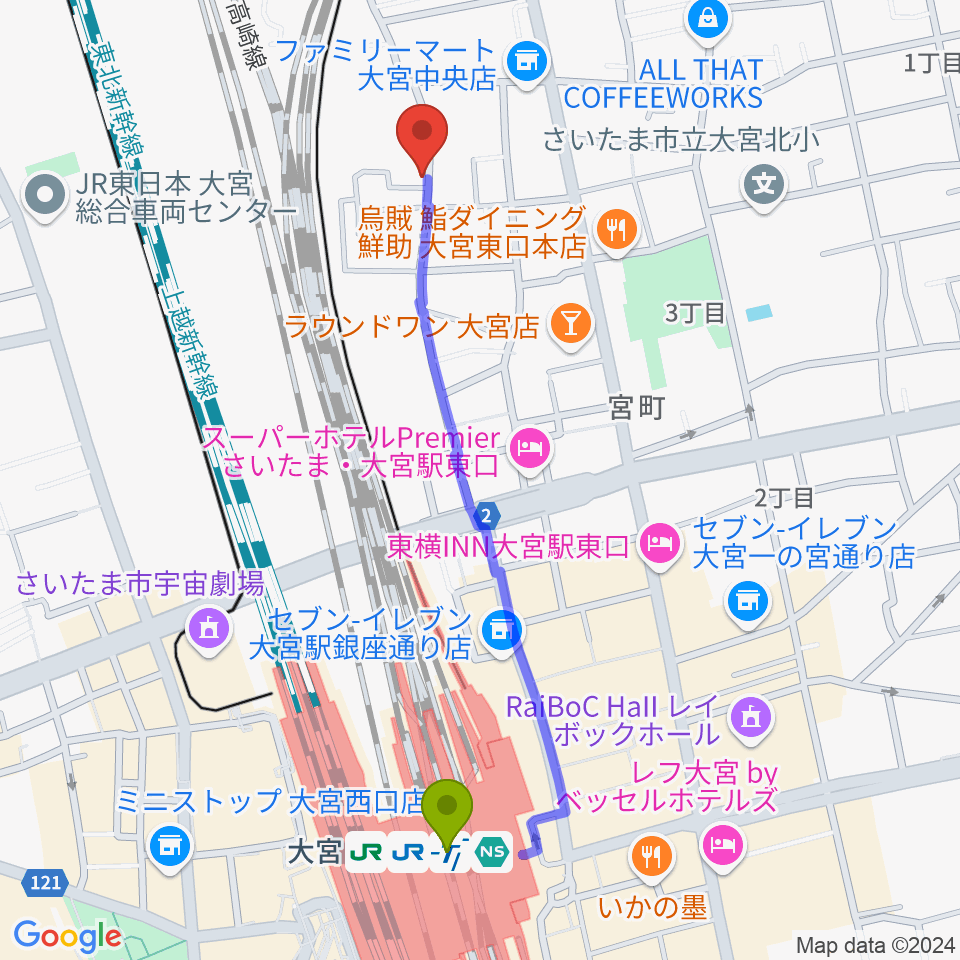 大宮駅から大宮アコースティックハウスジャムへのルートマップ地図