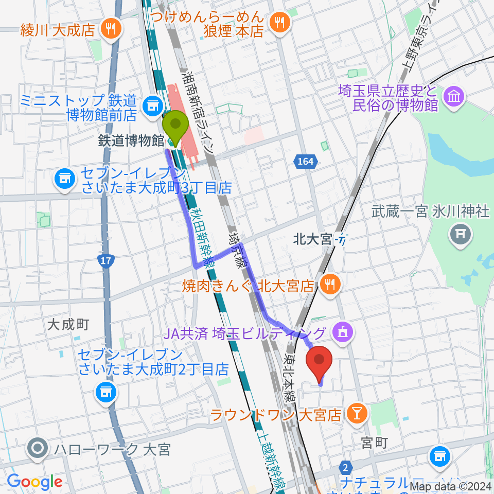 鉄道博物館駅から大宮アコースティックハウスジャムへのルートマップ地図