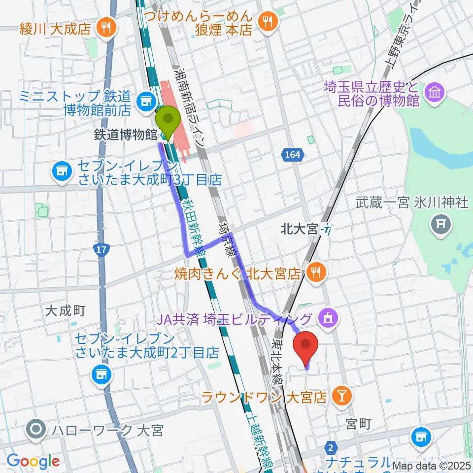 鉄道博物館駅から大宮アコースティックハウスジャムへのルートマップ地図