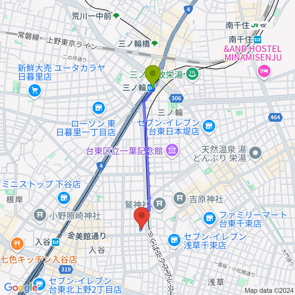 三ノ輪駅から入谷FOUR AND MOREへのルートマップ地図