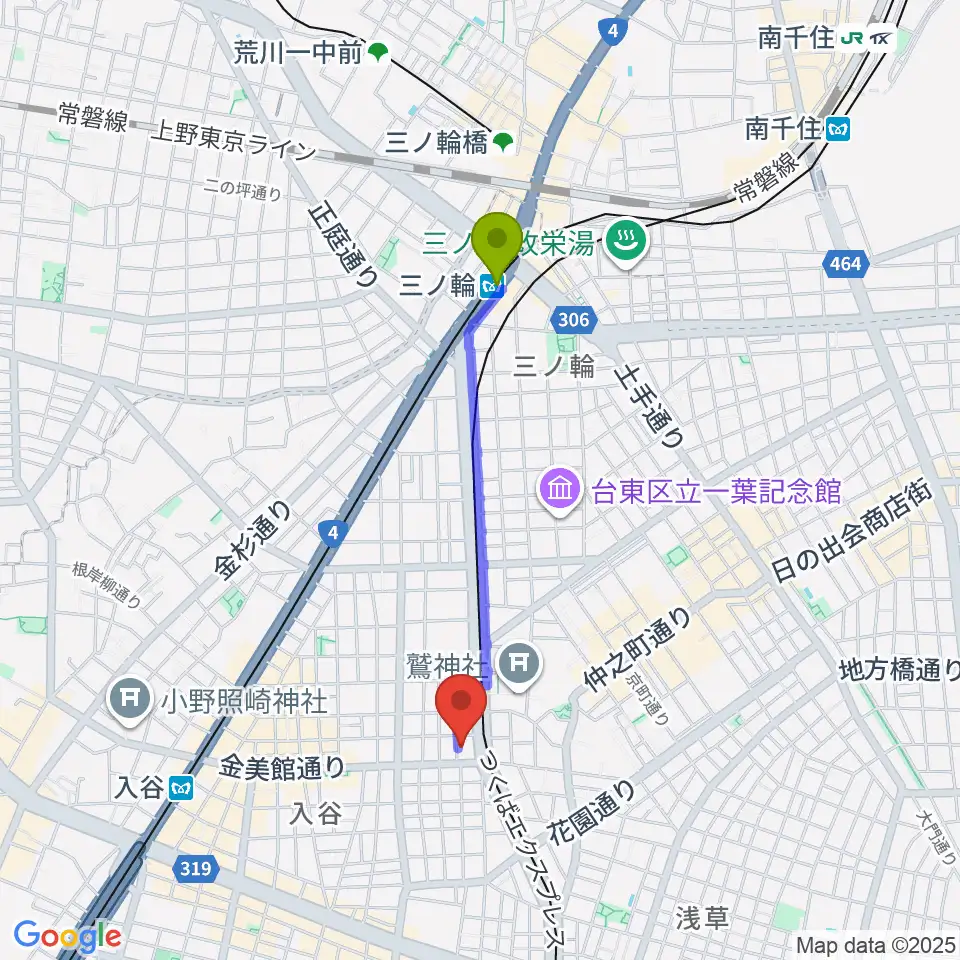 三ノ輪駅から入谷FOUR AND MOREへのルートマップ地図