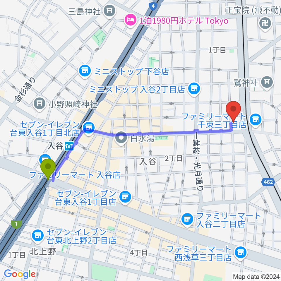 入谷FOUR AND MOREの最寄駅入谷駅からの徒歩ルート（約11分）地図