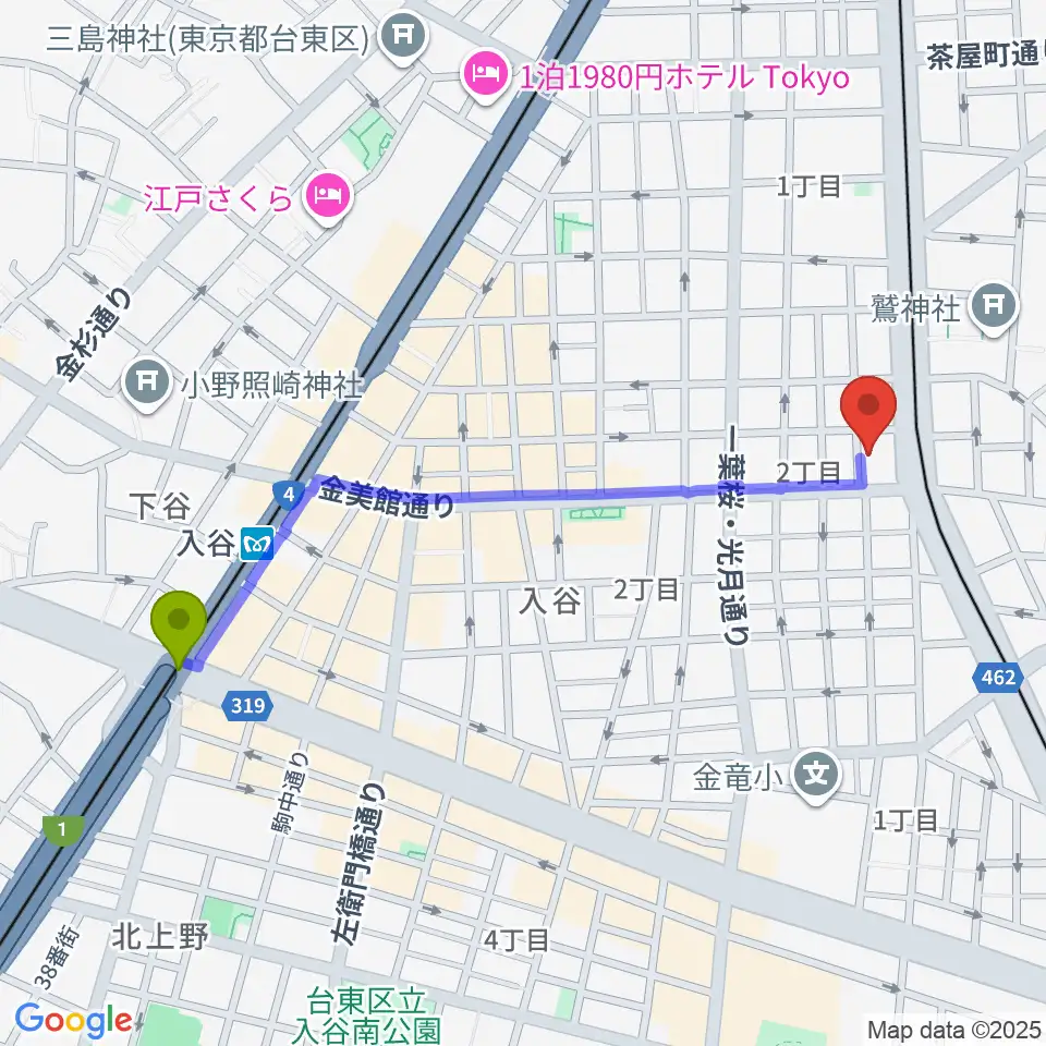 入谷FOUR AND MOREの最寄駅入谷駅からの徒歩ルート（約11分）地図