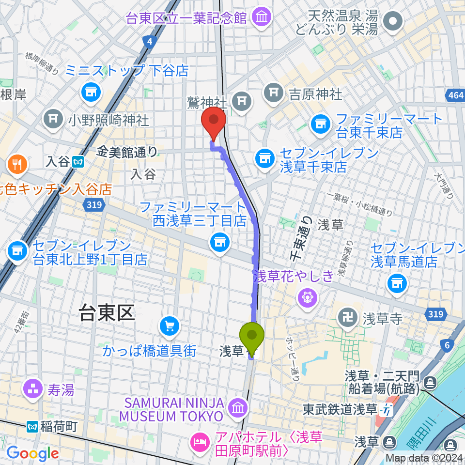 浅草駅から入谷FOUR AND MOREへのルートマップ地図