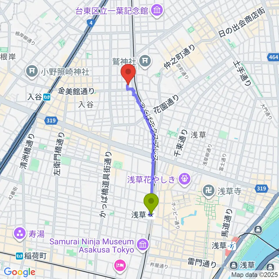 浅草駅から入谷FOUR AND MOREへのルートマップ地図