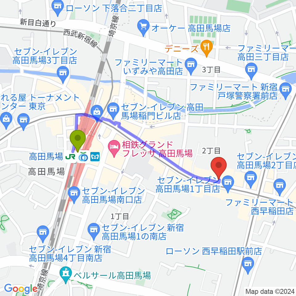 高田馬場駅から高田馬場ゲートワンへのルートマップ地図