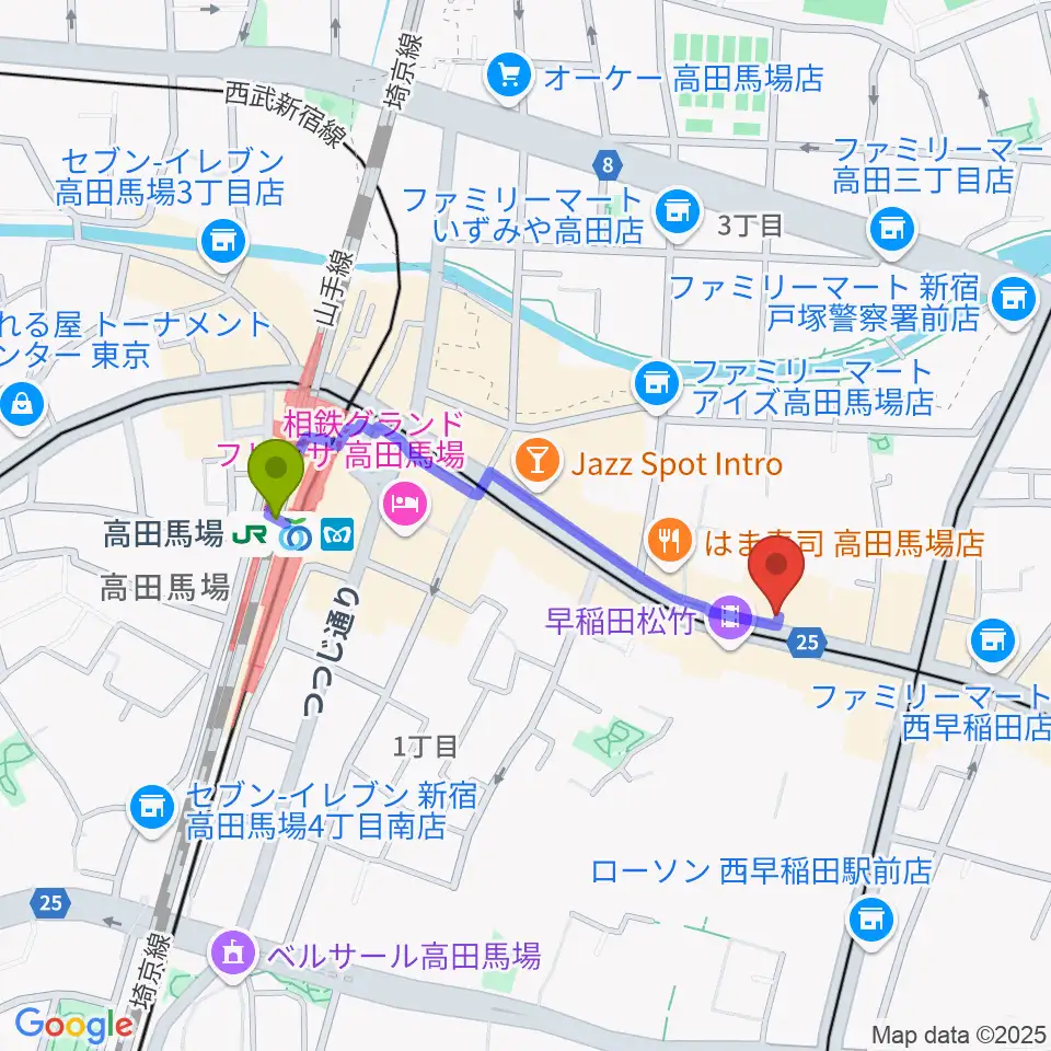 高田馬場駅から高田馬場ゲートワンへのルートマップ地図