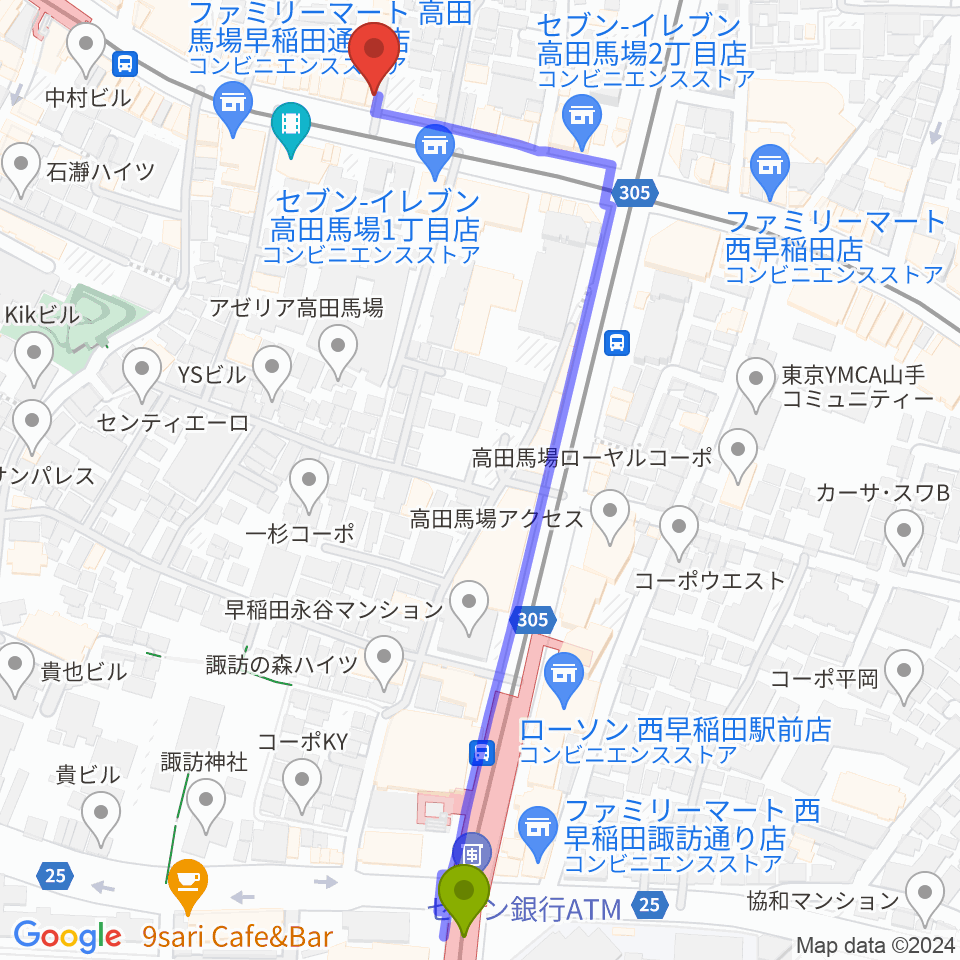 高田馬場ゲートワンの最寄駅西早稲田駅からの徒歩ルート（約7分）地図