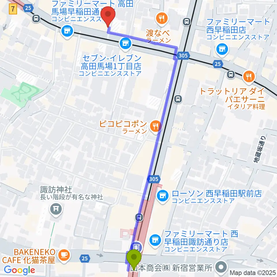 高田馬場ゲートワンの最寄駅西早稲田駅からの徒歩ルート（約7分）地図