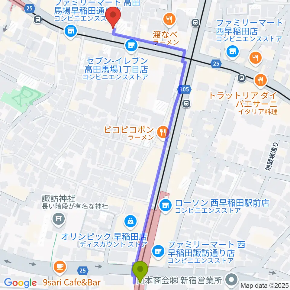 高田馬場ゲートワンの最寄駅西早稲田駅からの徒歩ルート（約7分）地図