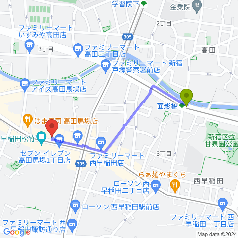 面影橋駅から高田馬場ゲートワンへのルートマップ地図