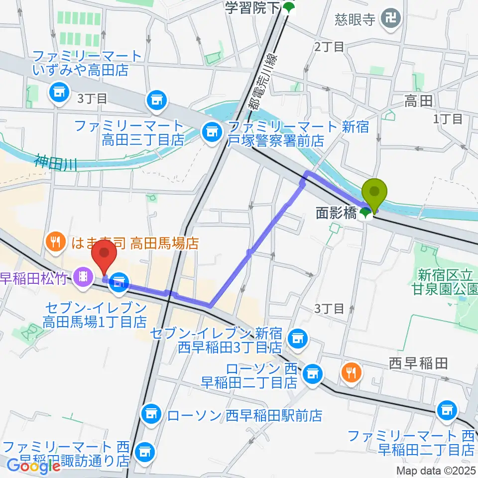 面影橋駅から高田馬場ゲートワンへのルートマップ地図