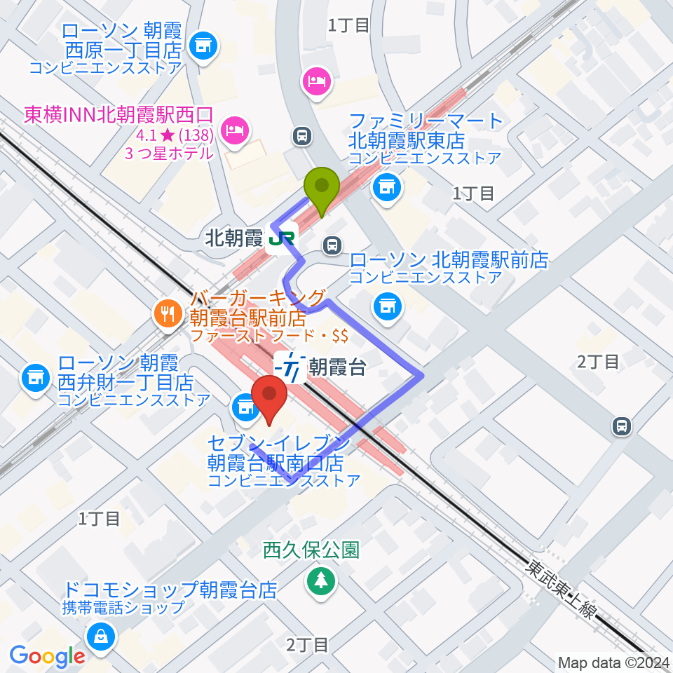 朝霞台 停車場の最寄駅北朝霞駅からの徒歩ルート（約2分）地図