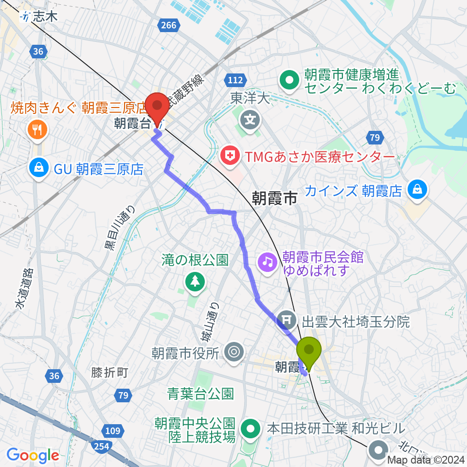 朝霞駅から朝霞台 停車場へのルートマップ地図