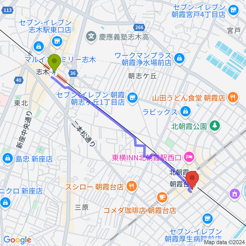 志木駅から朝霞台 停車場へのルートマップ地図