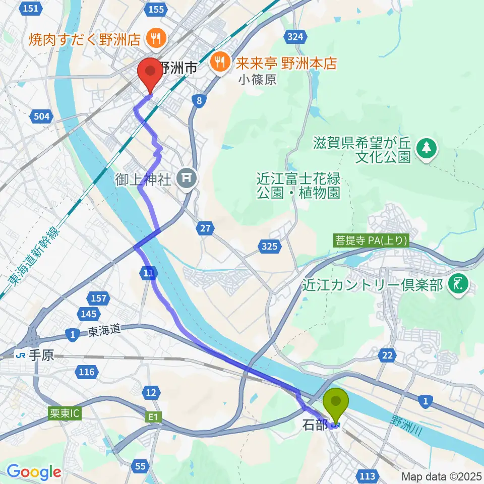 石部駅から滋賀バリハリへのルートマップ地図