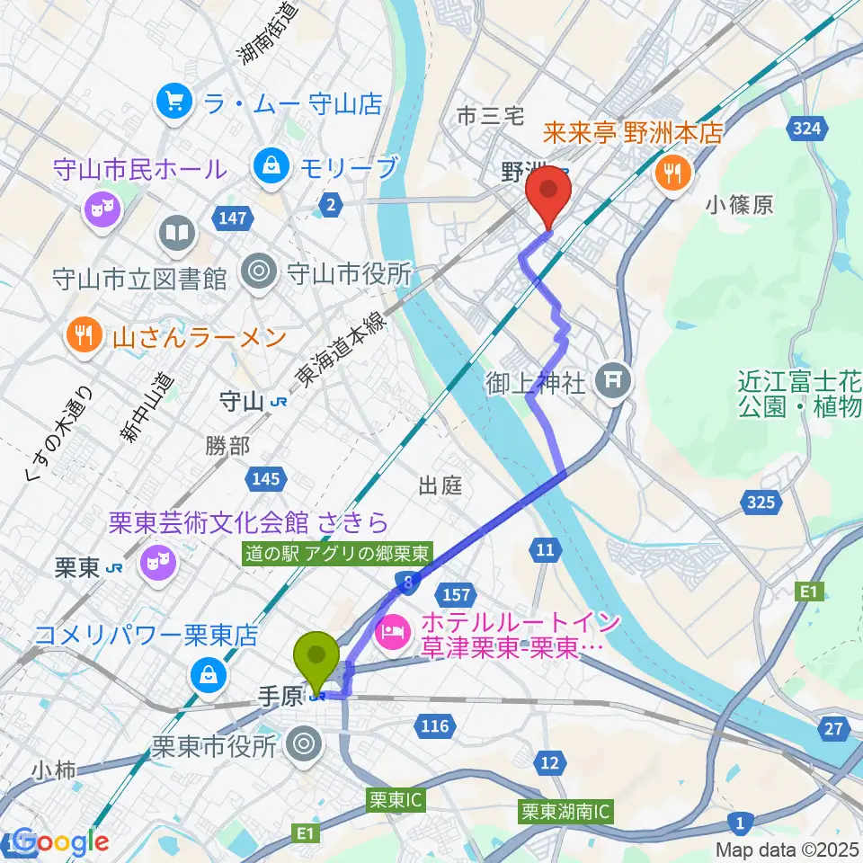 手原駅から滋賀バリハリへのルートマップ地図
