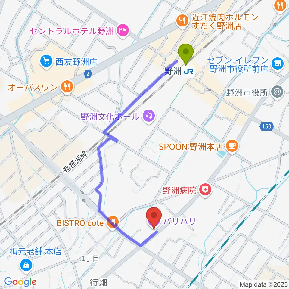 滋賀バリハリの最寄駅野洲駅からの徒歩ルート（約9分）地図