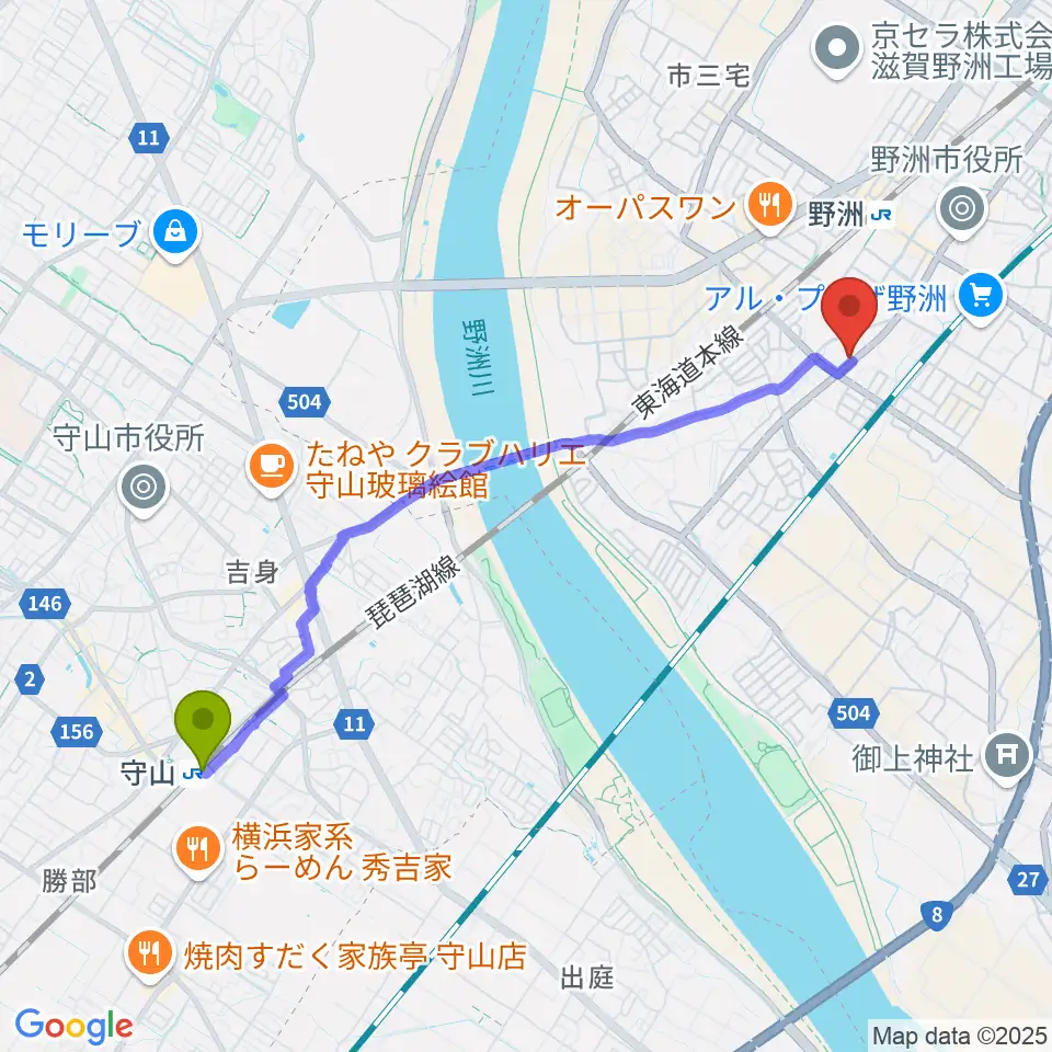 守山駅から滋賀バリハリへのルートマップ地図