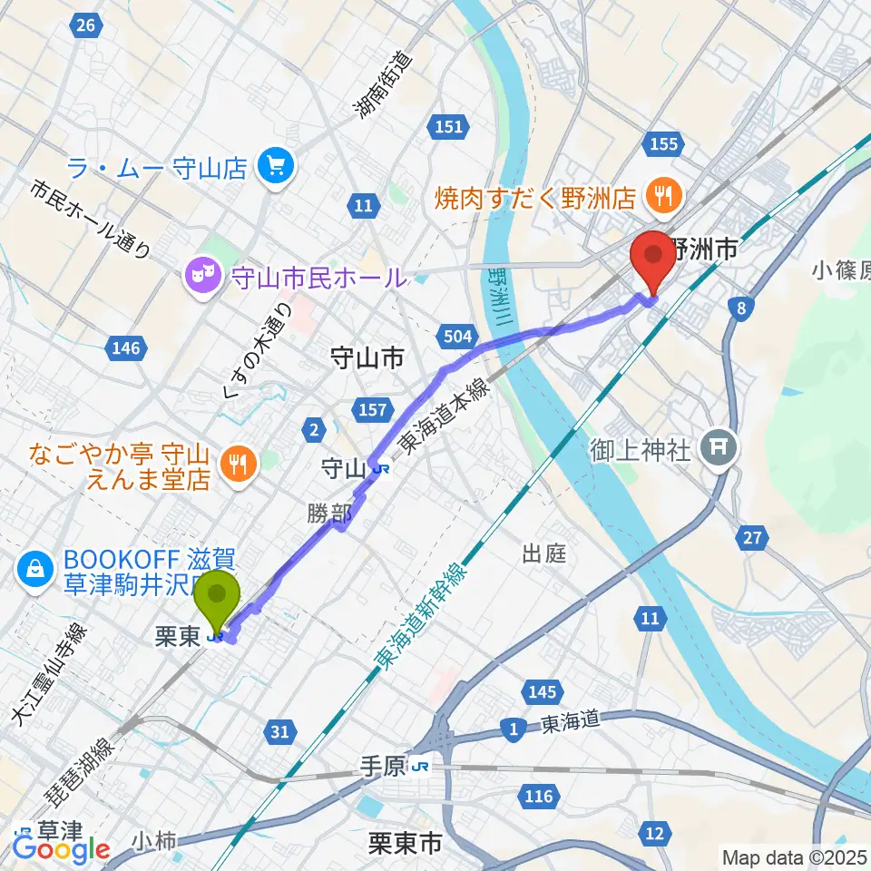 栗東駅から滋賀バリハリへのルートマップ地図