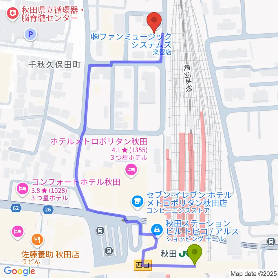 ファンミュージックシステムズの最寄駅秋田駅からの徒歩ルート（約6分）地図
