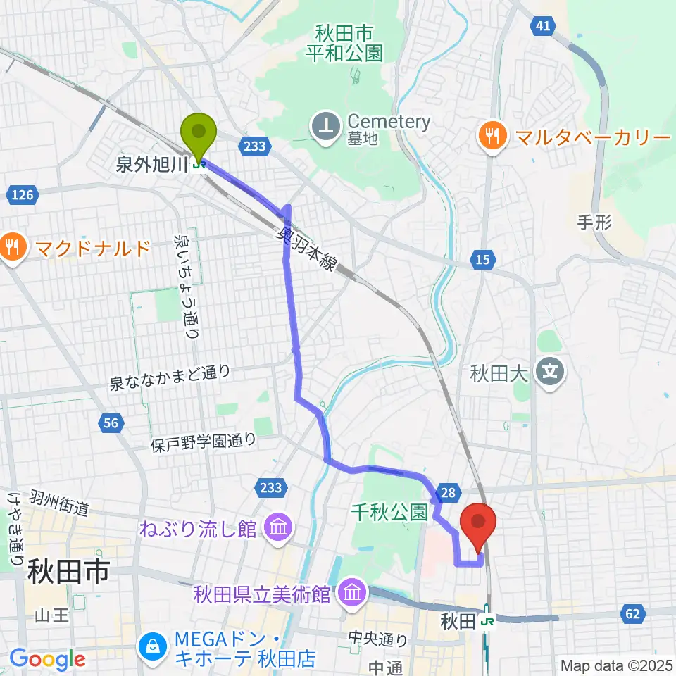 泉外旭川駅からファンミュージックシステムズへのルートマップ地図