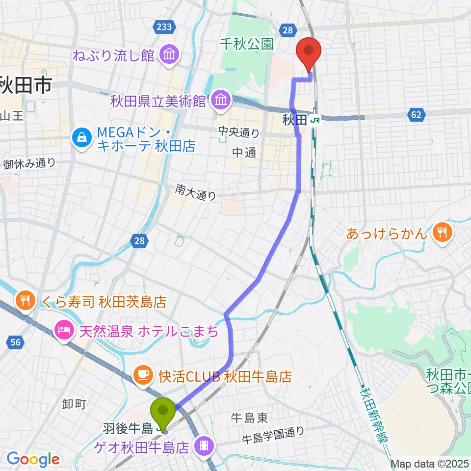 羽後牛島駅からファンミュージックシステムズへのルートマップ地図
